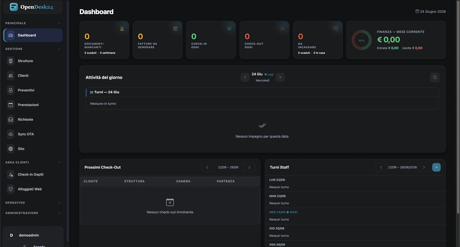 Dashboard OpenDesk24 in dark mode con KPI, finanza del mese e attività di oggi