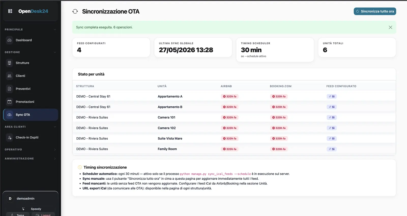 Pannello di sincronizzazione OTA con stato feed iCal per unità